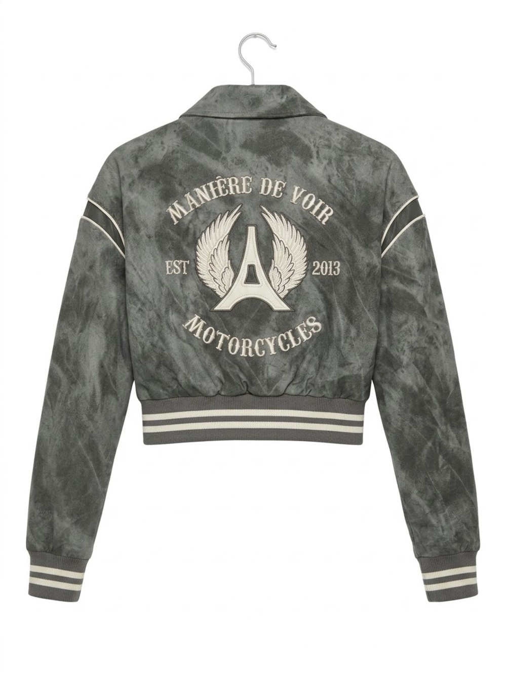 Maniere De Voir Women's Gray moto Jacket with Embroidered Back